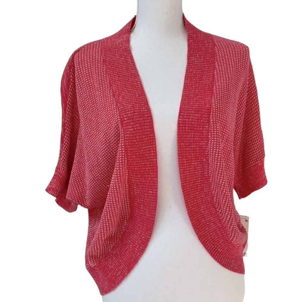 Alyx Open Cardigan Shrug Metallic Batwing Sleeve Cropped Poppy Coral Plus 1X
